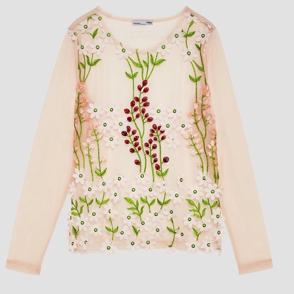 NEW ZARA PALE PINK SHEER TULLE FLORAL APPLIQUÉ TOP - Picture 9 of 10